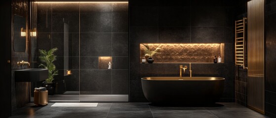 A black bathroom with a gold bathtub and a gold sink
