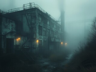 Eerie Industrial Building shrouded in Fog with Faint Lights