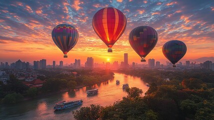   Hot air balloons fly over the river to a cityscape