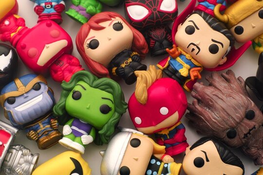 Tambov, Russian Federation - August 23, 2024 A lot of Marvel Funko POP Mini Vinyl Figures on white background.