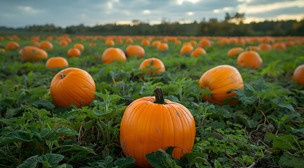 Pumpkin Patch at Sunset - Realistic Photo