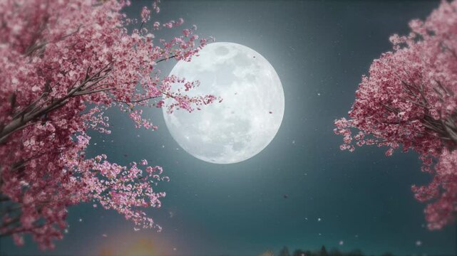 Cherry blossoms and full moon, Japanese night scene, night sky