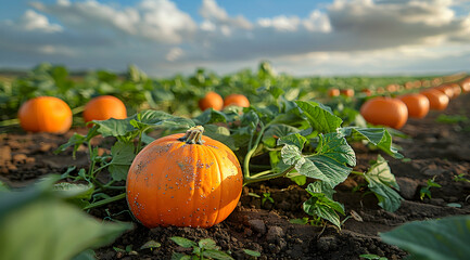 Obraz premium Pumpkin Patch with Cloudy Sky - Realistic Image