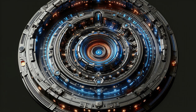 Intricate alien technology core, detailed with radiant blue and orange lights.