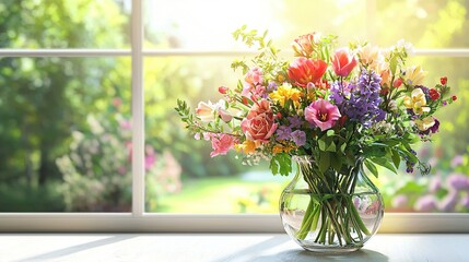   A vase overflowing with vibrant blossoms rests atop a wooden table beside a window ledge