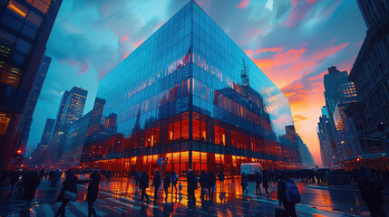 A modern skyscraper with glass facades, reflecting the sky and surrounding buildings