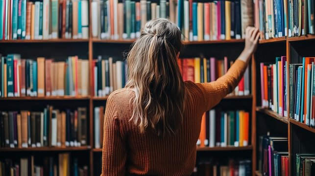 Woman browsing through colorful bookshelves in a cozy library during the afternoon