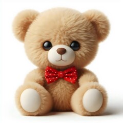 Soft fluffy toy  teddy bear with a red bow, isolated on white. 3D rendering.
