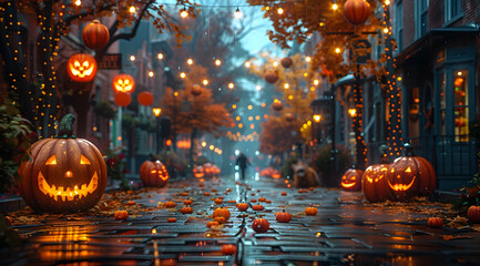 Rainy Halloween Street with Jack-o-Lanterns 3D Illustration