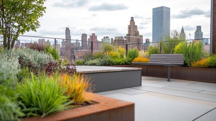 Fototapeta premium A city view with a bench and a garden