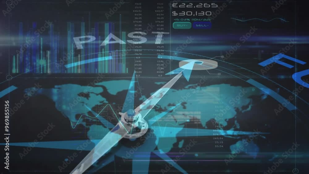 Poster animation of compass with texts over data processing with world map on black background