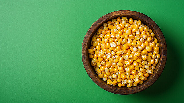 corn kernels in wooden bowl, top view, flat lay isolated background, food photography
