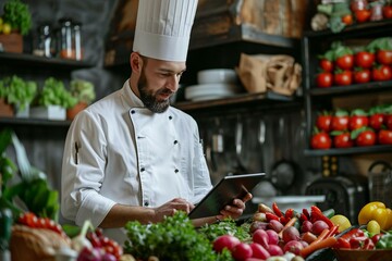 professional chef using a tablet to order fresh groceries for his kitchen.