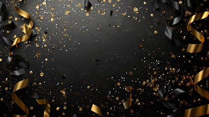 Minimalistic design New Years party frame of shiny black and gold black and gold streamers and confetti
