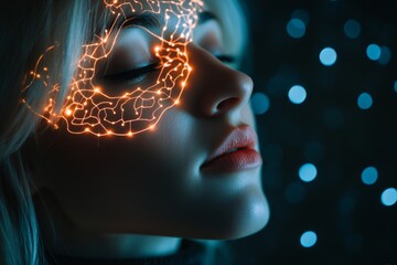 Synaptic transmission pattern recognition connectomics neuralpath and basal ganglia glowing neural face map illustrating the connection of brain and mind