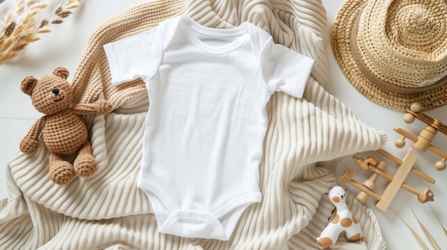 Gender neutral infant onesie mockup featuring white cotton bodysuit with teddy bear on beige blanket