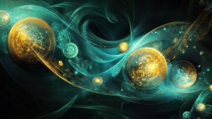 Abstract Cosmic Artwork with Golden Spheres and Teal Swirling Lines