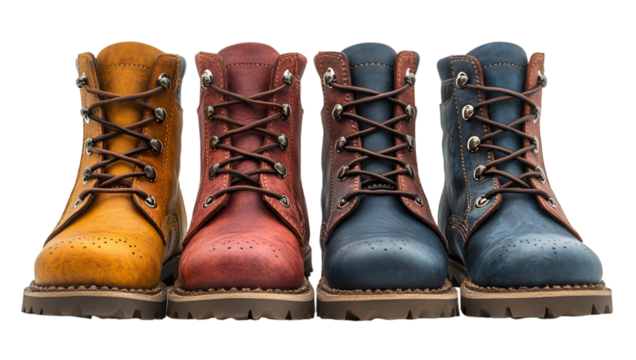 a row of different colored boots. 