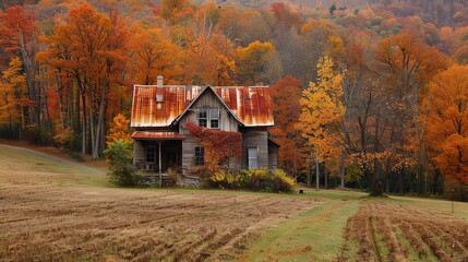 Old farmhouse surrounded by fall colors