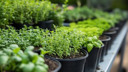 A row of potted plants with green leaves sit on a shelf