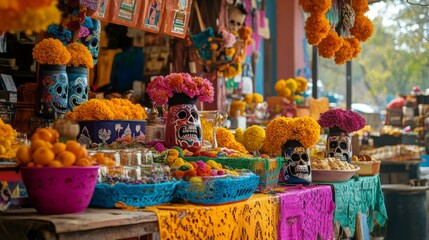 Day of the Dead Altar with Skulls, Flowers, and Offerings