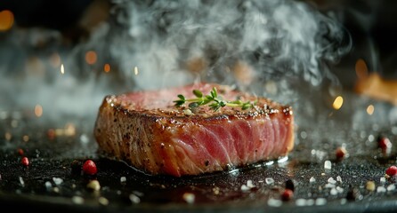 Freshly cooked salmon steak garnished with herbs, served on a black stone plate in a modern kitchen