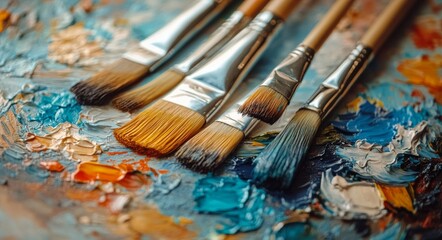 Obraz premium Vibrant artist paintbrushes resting on a colorful palette covered in mixed paints