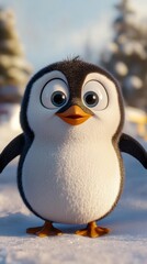 Naklejka premium Cute cartoon penguin standing on snowy landscape, winter theme. Animated character and childhood fun concept