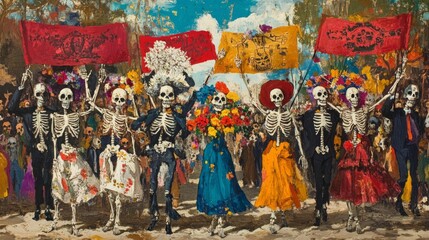 Fototapeta premium Skeletons in Formal Attire Marching in a Colorful Procession