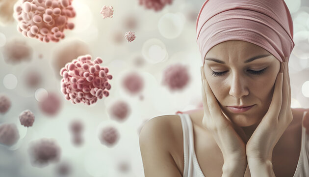 female hairless and eyebrowless feel bad are praying and waiting for chemotherapy in hospital room, breast cancer awareness month concept.