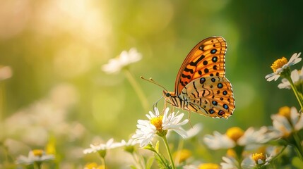 Obraz premium Butterfly on a white flower with green background.