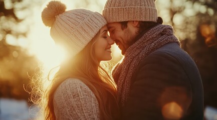 Closeup up photo of a European young couple hugging and kissing in winter park at sunset, wearing knitted hats and warm clothing