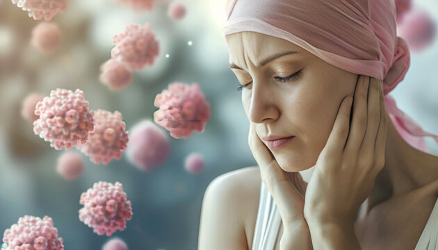 female hairless and eyebrowless feel bad are praying and waiting for chemotherapy in hospital room, breast cancer awareness month concept.
