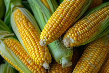 A pile of corns or sweet corn close up, Maize cob group, autumn sweetcorn, corncob closeup, yellow corn wallpaper