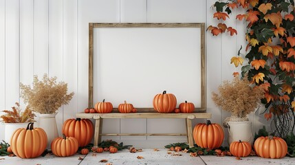 Pumpkin patch mural with wooden frame in festive entryway. Bright oranges and autumn charm, white background