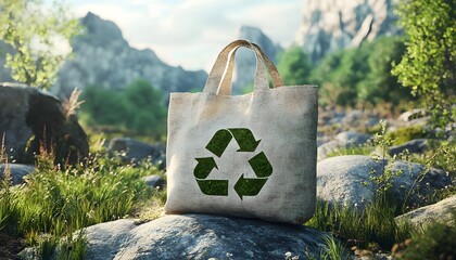 Eco-friendly tote bag with a green recycling symbol, set against a serene natural landscape with mountains and greenery.