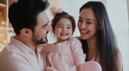 Obraz premium A happy Asian family of three, the parents are holding theit child and smiling at her, everyone is laughing happily