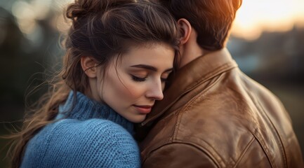 A romantic photo of an attractive young woman hugging her boyfriend, autumn vibes, sunset lighting