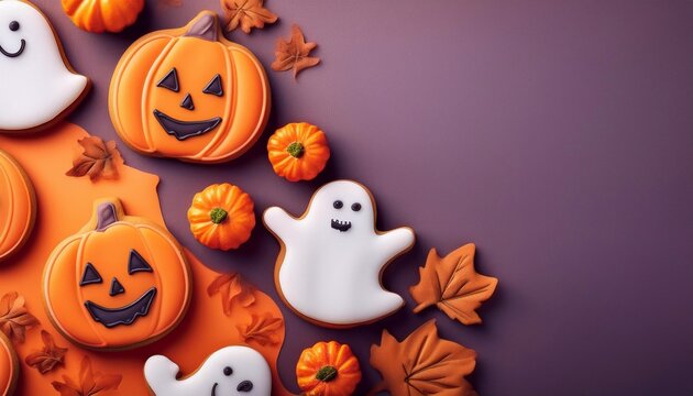 Gingerbread cookies in the form of ghosts and pumpkins, on a bright background, Halloween concept