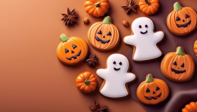 Gingerbread cookies in the form of ghosts and pumpkins, on a bright background, Halloween concept