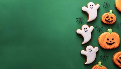 Fototapeta premium Gingerbread cookies in the form of ghosts and pumpkins, on a bright background, Halloween concept