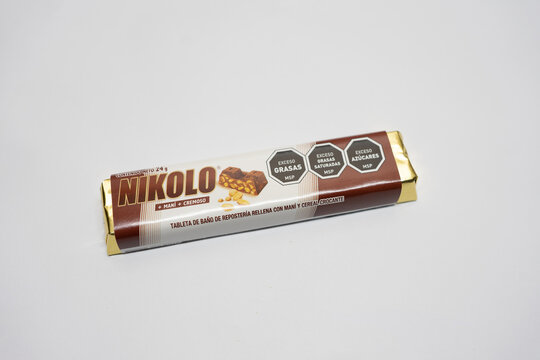 Baking chocolate bar filled with peanuts and crispy cereal "Nikolo". Montevideo, Uruguay 2024