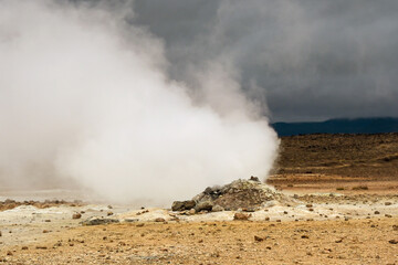 Hverir, Iceland - 24 August 2024: Steaming fumarole at the hot springs around the geothermal area of Hverir