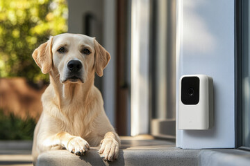 Fototapeta na wymiar Labrador retriever resting near a home security camera mounted on a wall