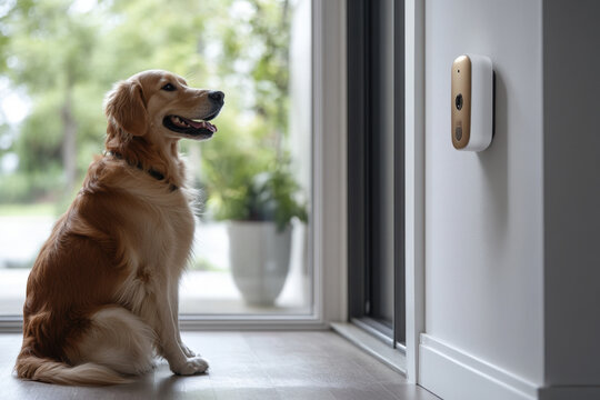 Golden retriever dog sitting on the floor looking at a smart home camera for pet monitoring