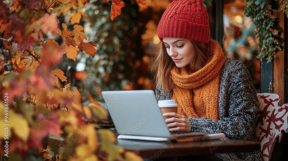 Wall mural young woman using laptop in a cozy autumn setting outdoor