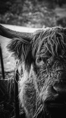 Portrait close up of a Sottish highland cow looking direct at the camera, high detail black and white.