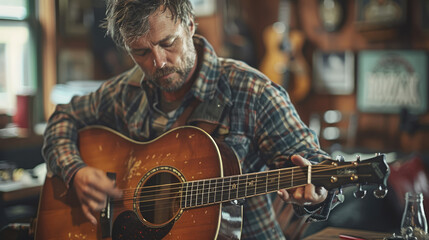 Obraz premium A musician playing an acoustic guitar in a cozy, intimate setting, highlighting passion and creativity