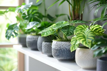 modern indoor garden featuring a stylish collection of potted houseplants on a white shelf, including monstera and palm plants, creating a lush and fresh atmosphere in a contemporary room.