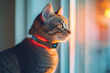 Tabby cat wearing glowing gps tracker collar looking out window at sunset